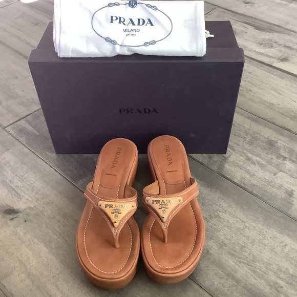 Prada logo T strap wedge sandals - Picture 1 of 6